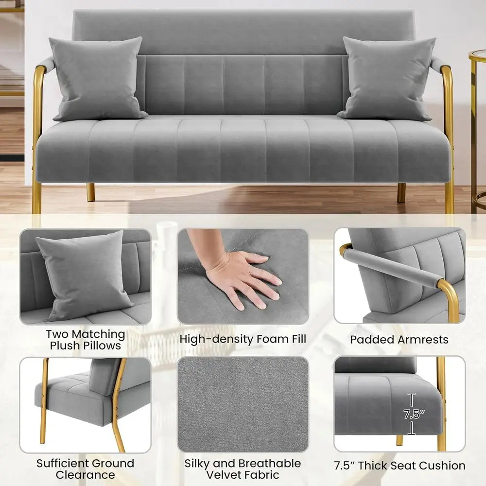 56.5" Luxurious Velvet fabric Couch with Gold-Tone Metal Arms and Legs or Living Room, Home Office