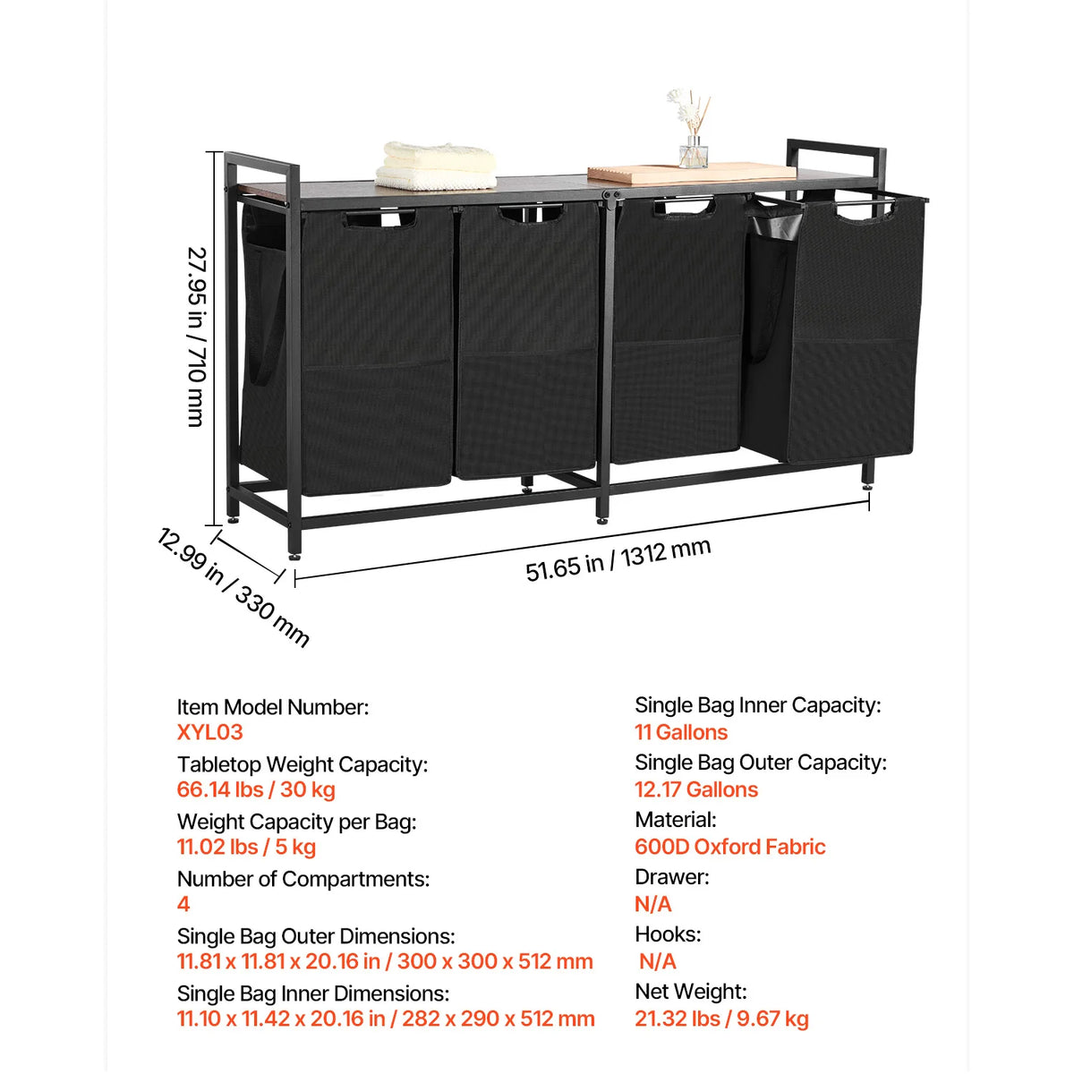 Laundry Sorter Large Laundry Hamper with Metal Frame Freestanding Storage Organizer Baskets for Dirty Clothes, Bathroom