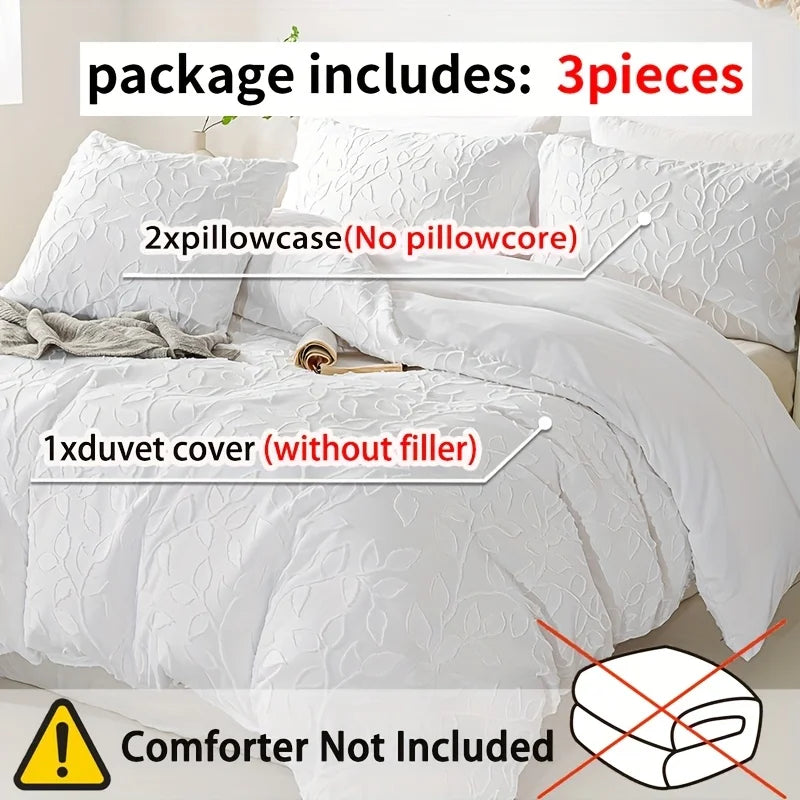 Off-White Leaf Tufted Duvet Cover 3-Piece Set, Soft Cream Bedding Set, Bohemian Style Embossed Floral Bedspread and Pillowcases, Available for Large/King/Single Beds