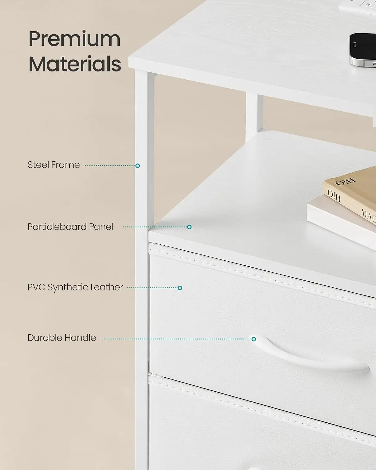 Nightstand Featuring a Built-In Charging Station and Two Fabric Drawers