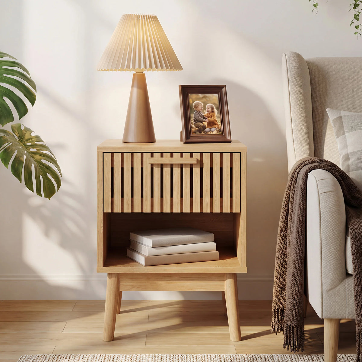 Nightstand, Small Side Table with Drawer and Open Shelf, Bedside End Table with Wood Strip Decorated Drawer for Bedroom, Dorm, Living Room and Small Spaces