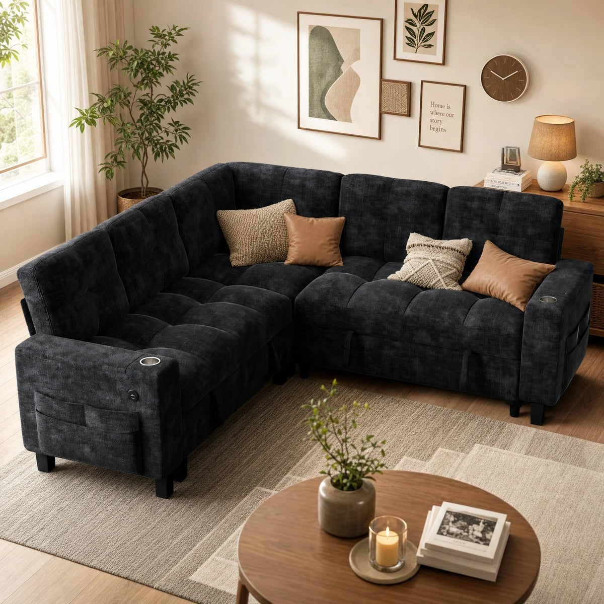 85-110 Inch U-Shaped Modular Sectional Sleeper Sofa, 7-Seat Dark Gray Chenille Cloud Couch, Pull-Out Bed with Hidden Storage, USB Ports & Cup Holders, Multi-Functional Sofa Bed for Living Room Apartment