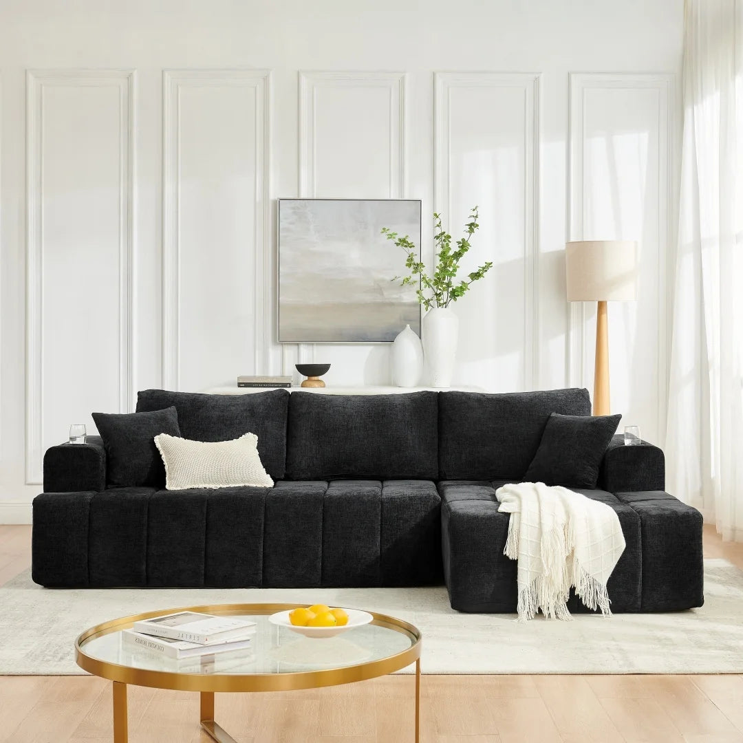 108" L-Shaped Chenille Sectional Sofa, Cloud Couch Sleeper Bed with Cup Holders & Side Pockets, Boneless Living Room Furniture, No Assembly, Black