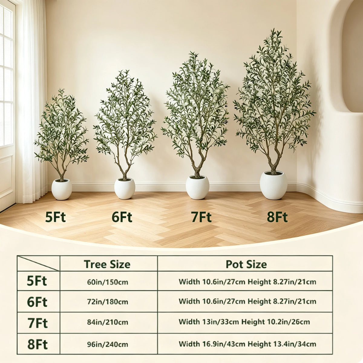 5/6/7/8FT Olive Tree Artificial Indoor Outdoor Faux Olive Tree in Decorative Planter Fluffy Artificial Plants with Natural Wood Trunk and PE Lifelike Fruits for Home Living Room Office Decor