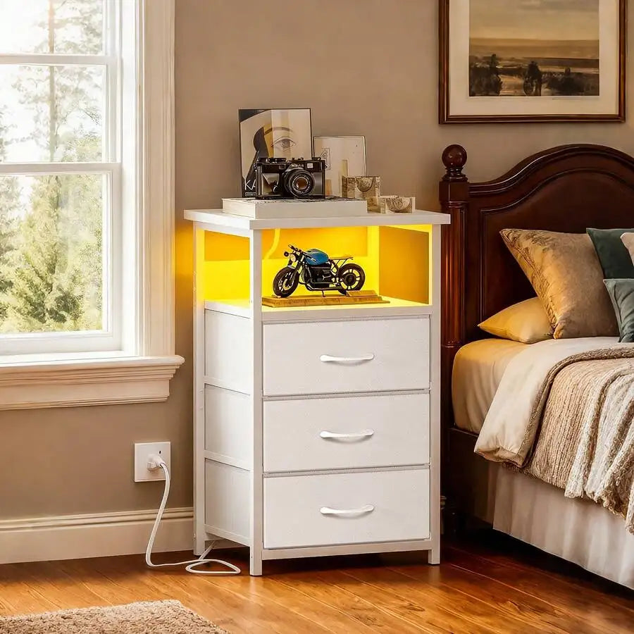 Tomnk Bedside Table With Charging Station, LED Nightstand With USB Ports And Outlets, 3 Fabric Storage Drawers With PU Finish, Bed Side Table For Bedroom, Living Room, White/Black