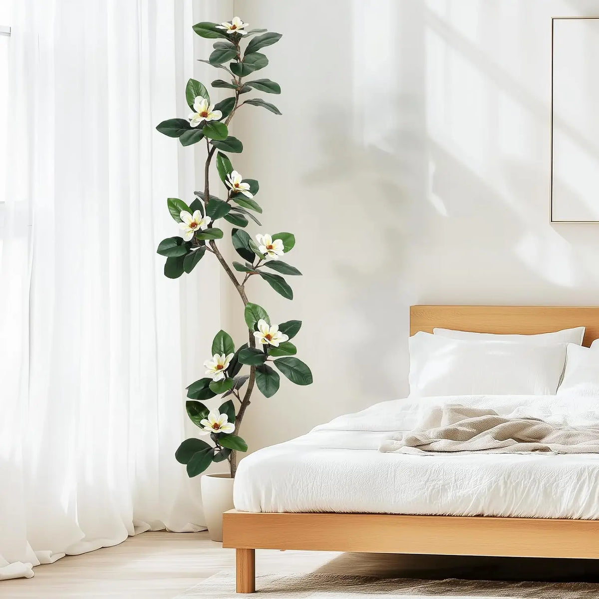 Rubber Tree Artificial Tree in White Planter Pot,Faux Plants Indoor Faux Floor Plant Artificial Plants with Magnolia Flowers for Home Office Decor