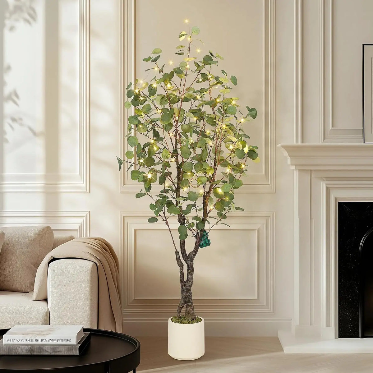 Artificial Eucalyptus Tree w/ 50 LED Lights, Pre-Potted Faux Floor Plant, Realistic Silk Multi-Stem Greenery in White Planter for Home & Office Decor Christmas Party Supplies