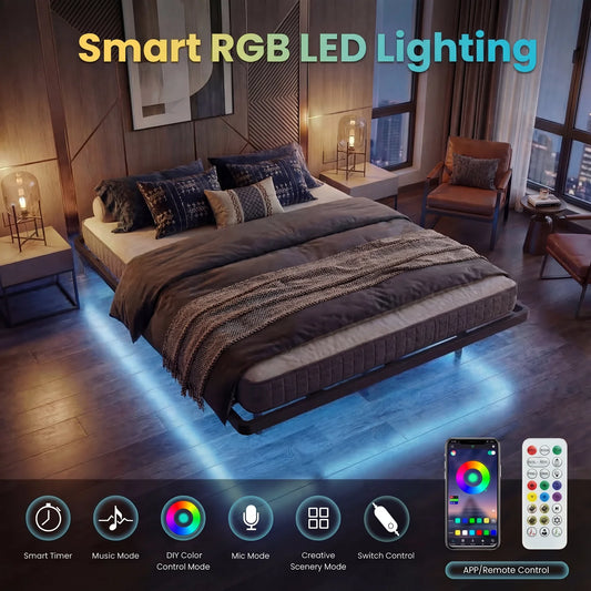 Twin/Full/Queen/King Size Heavy Duty Floating Bed Frame with Smart LED Lights and Charging Station, No Box Spring Needed