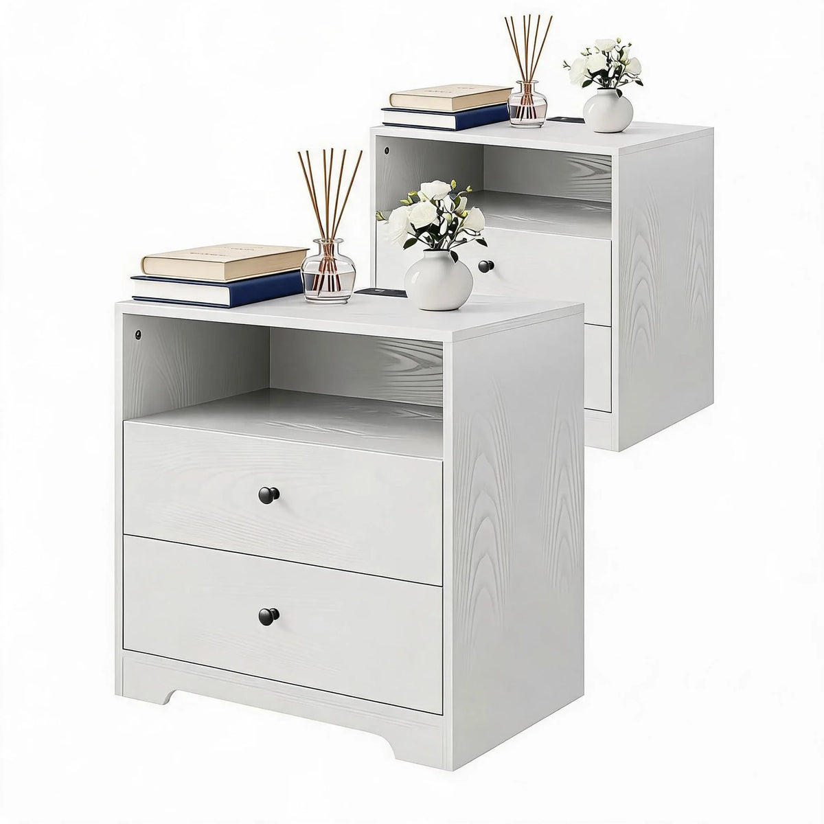 Nightstand Set Of 2 With Charging Station, 2 Drawer Bedside Tables With USB Ports & AC Outlets, Wood End Tables For Bedroom, Living Room