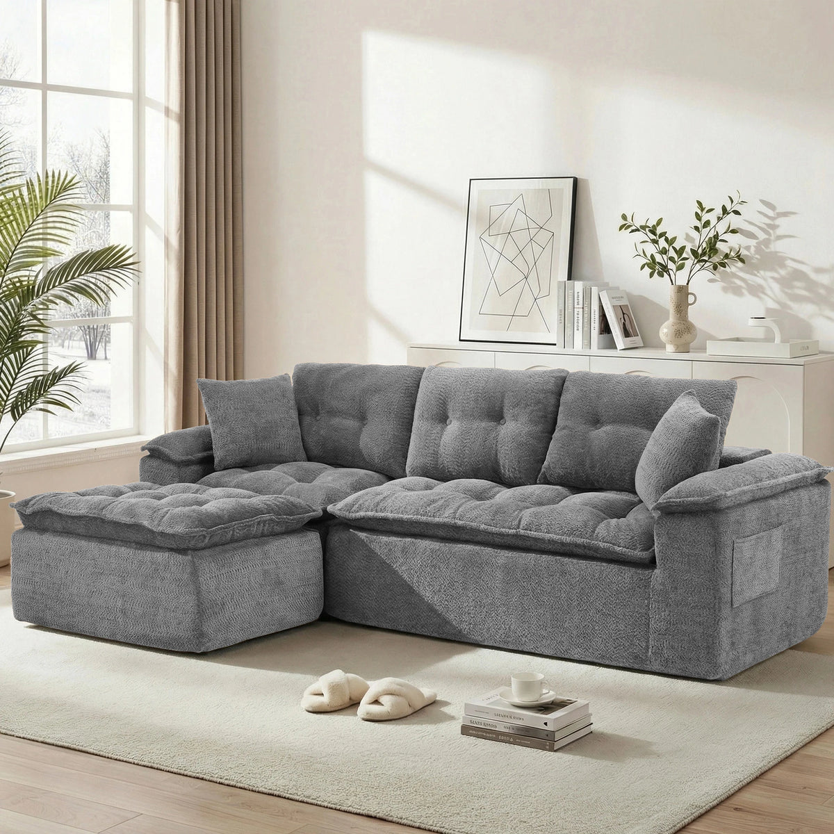 110" Modern L Shape Boneless Cloud Sectional Sofa, Chenille Deep Seat Modular Couch with Ottoman, No Assembly Needed