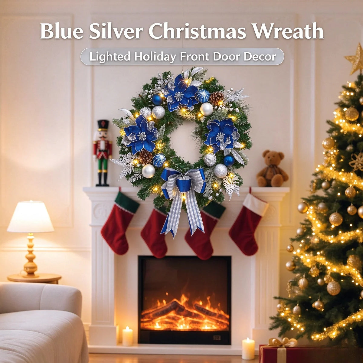 Artificial Christmas Wreath 24 Inch Garland with 20 Lighting Modes Themed Holiday Decorations Featuring Shiny Ornaments and Ribbon Indoor Outdoor Door Decor