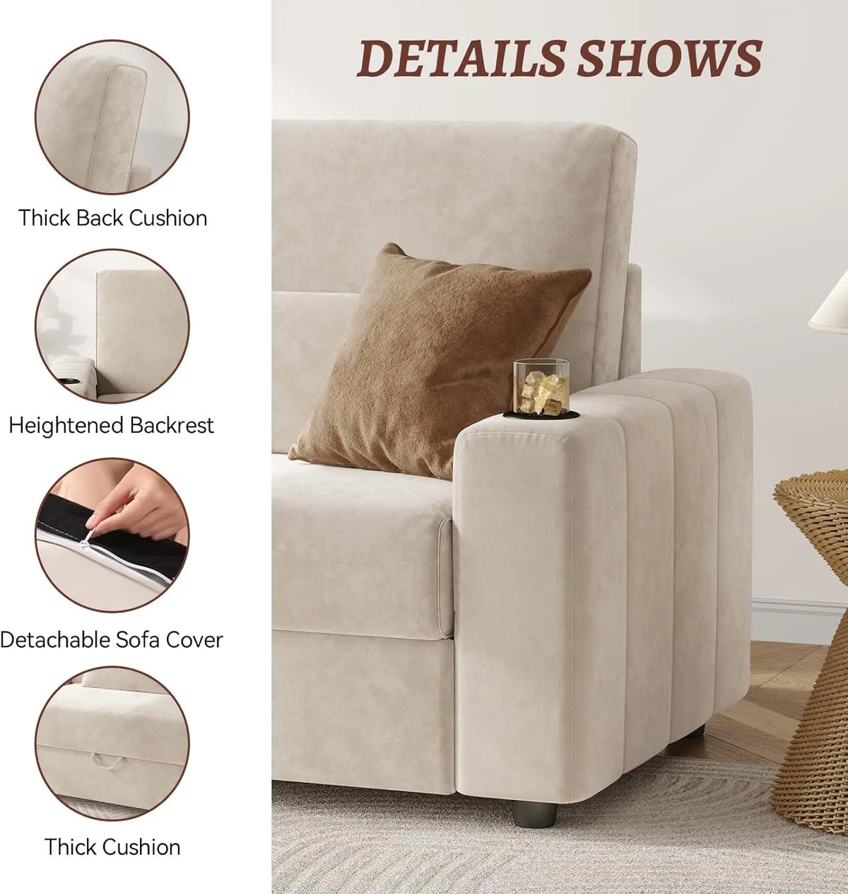 75/88 Inch Loveseat Sofa, Velvet Fabric Couch with Storage, Cup Holder, Charging Ports, Heightened Backrests, Removable Cover