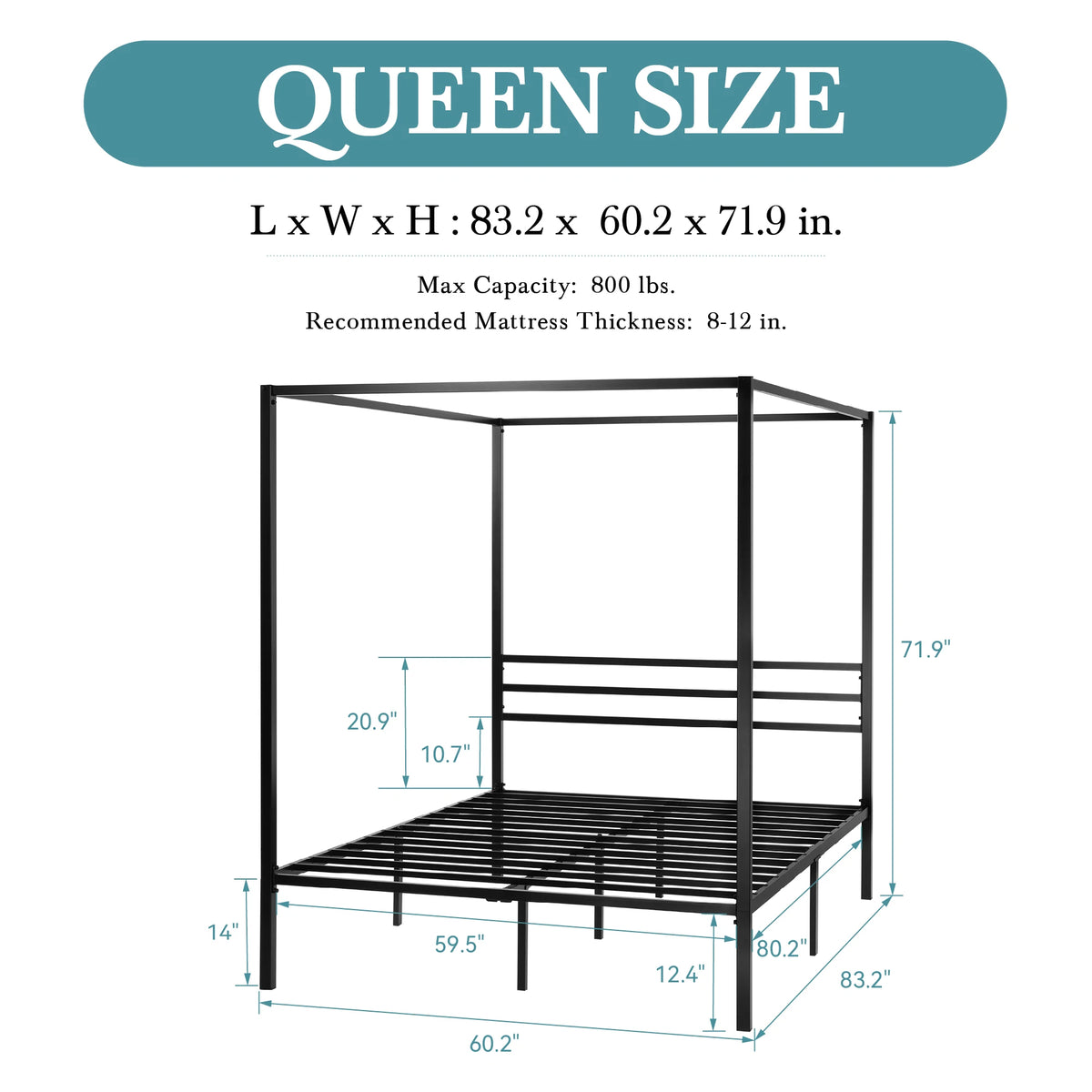 Canopy Bed Frame, Enhanced 4-Poster, 3-Metal Crossbar, No Box Spring Needed, Easy Assembly