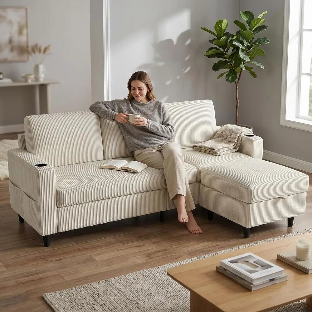 Convertible Sectional Couches or Living Room, 3 Seats L Shaped Sofa with Storage Ottoman & 2 Cup Holders, Corduroy Couch
