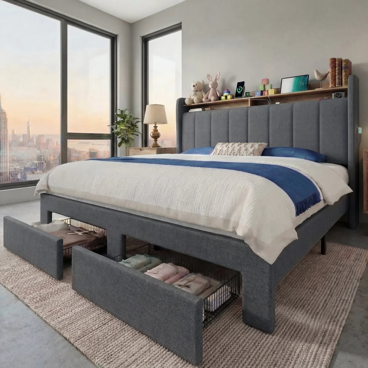 HOOMIC Bed Frame, 2 Storage Drawers/2-Tier Shelves with LED Lights & Charging Station, No Box Spring Needed, Full/Queen/King