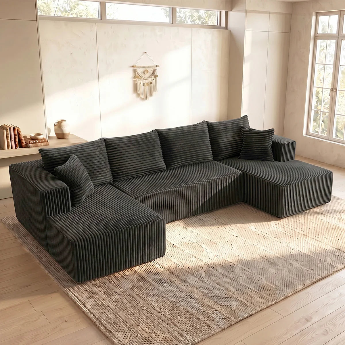 Black Striped Corduroy L Shape Sectional Sofa Double Reversible Chaise Modular Oversized Cloud Couch No Assembly Compressed Packaging Cozy Living Room Home Furniture
