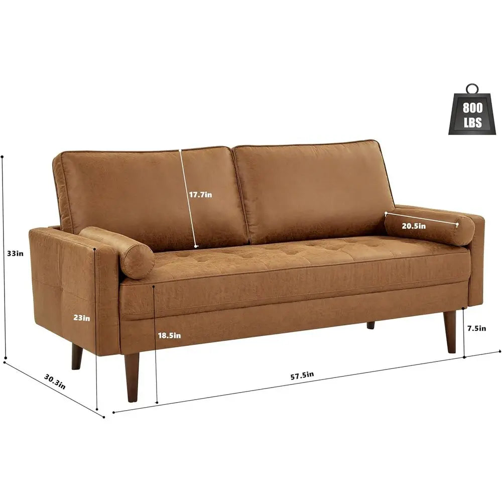 58" Loveseat Sofa Couch, Faux Leather Couch with Hand-Sewn Deep Love Seat & 2 Pillows, Home Sofa Living Room Small Couch