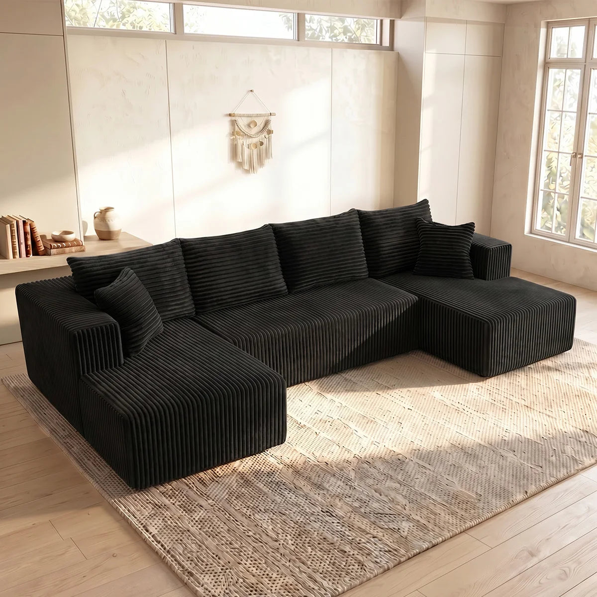 Black Striped Corduroy L Shape Sectional Sofa Double Reversible Chaise Modular Oversized Cloud Couch No Assembly Compressed Packaging Cozy Living Room Home Furniture