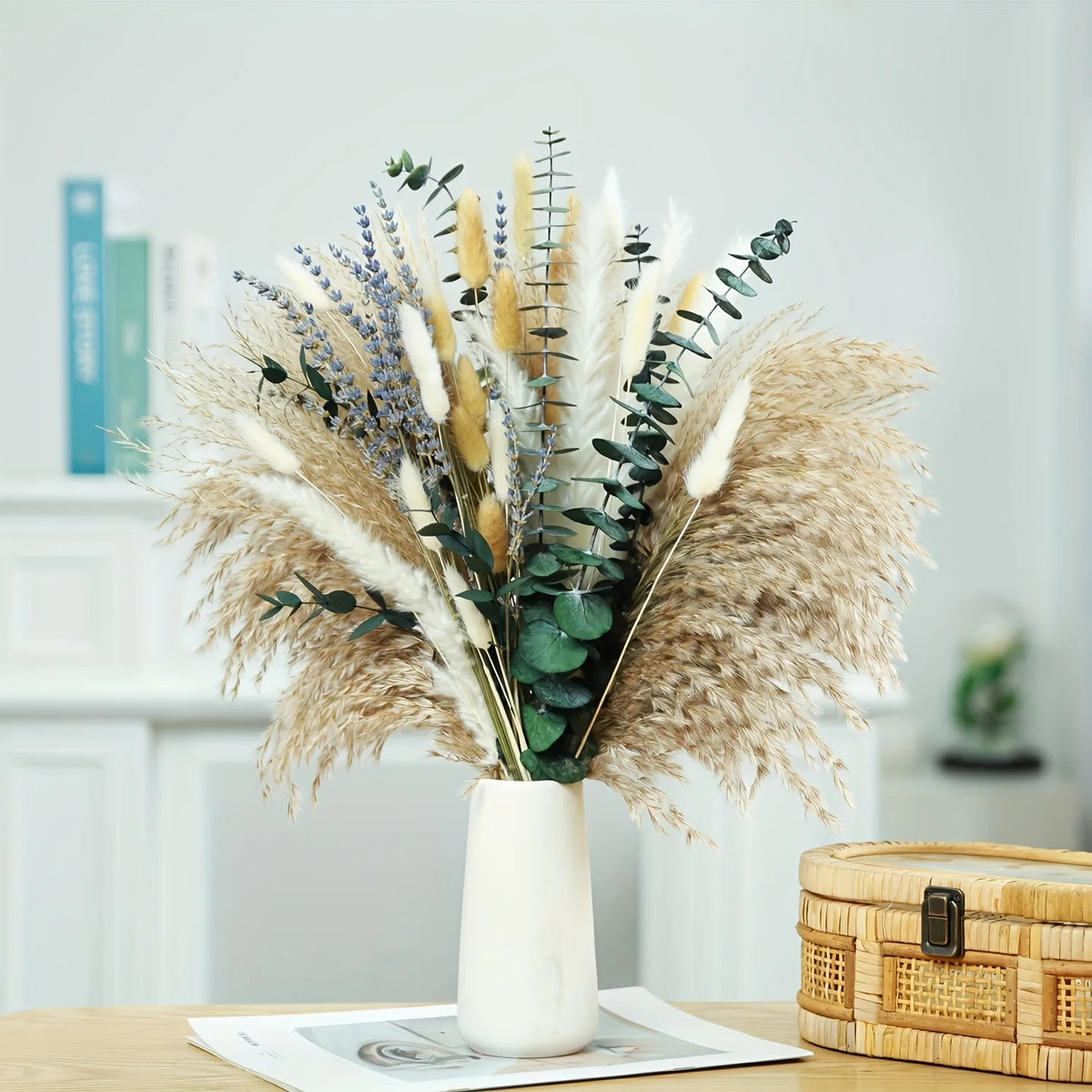 92PCS Pampas Grass Bouquet 17.5in Mixed Dried Flowers Natural Broomcorn Bunny Tails Eucalyptus Craspedia Reed Grass Baby's Breath Boho Wedding Home Decor Farmhouse Table Centerpiece Vase Filler Rustic Fall Vase Not Included
