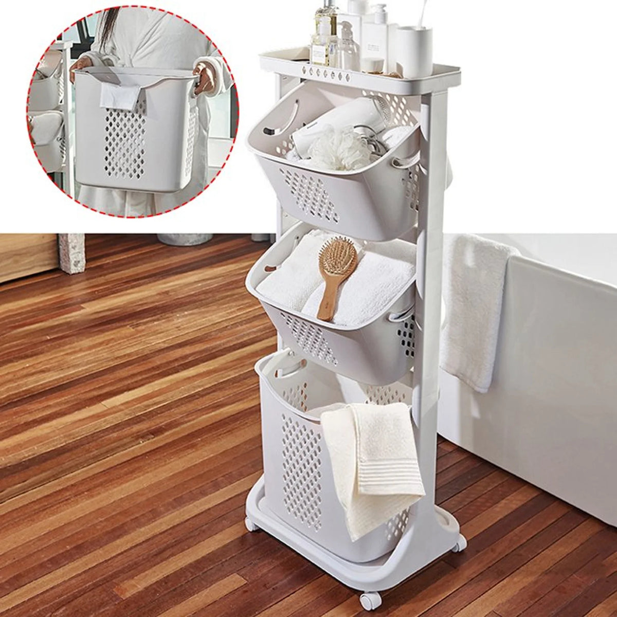 3 Tier Laundry Baskets Movable Rolling Hamper Cart with Wheels Clothes Dirty Portable Hamper Storage Baskets Sorter Household