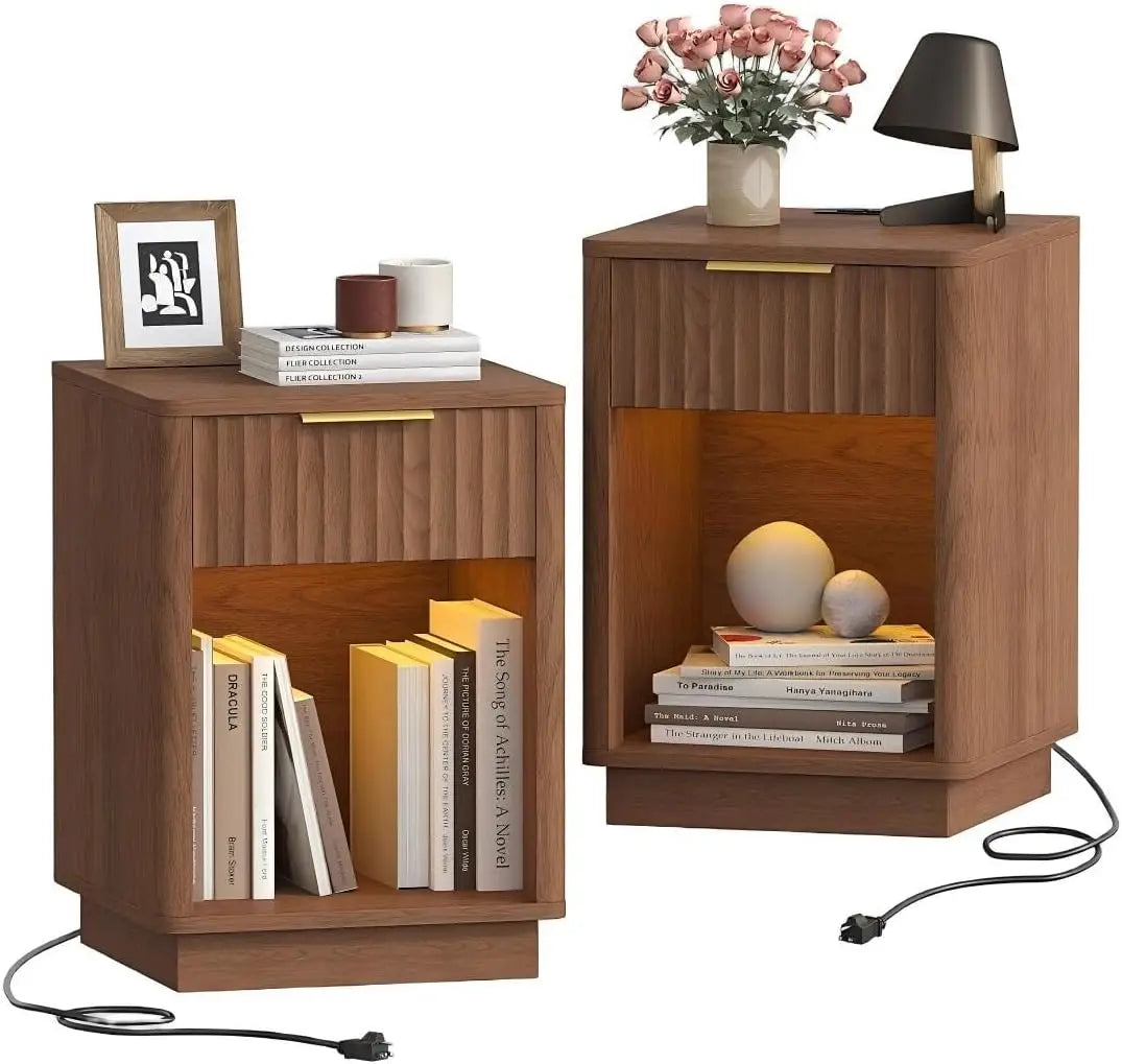 Walnut Fluted Nightstands Set of 2, Bedside Tables with Charging Station