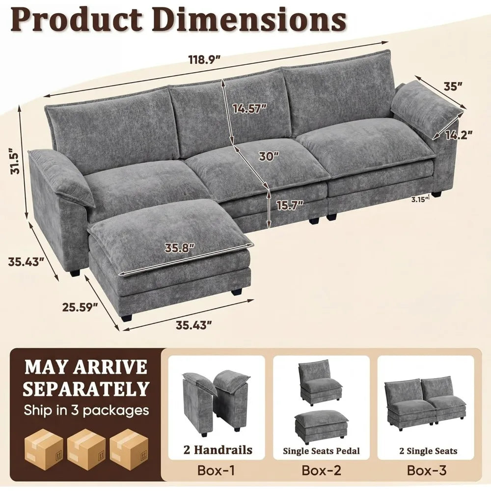 118.9" Modular Sectional Cloud Couch 3-Seat Sofa Set with Movable Ottoman, L Shaped Sofa Couch  (Light Grey-4, L Shaped Sofa)