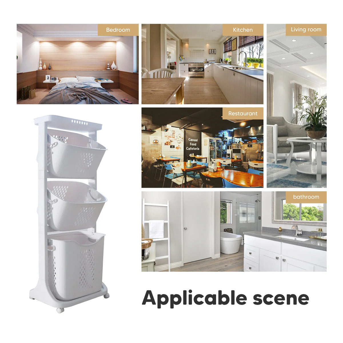 3 Tier Laundry Baskets Movable Rolling Hamper Cart with Wheels Clothes Dirty Portable Hamper Storage Baskets Sorter Household