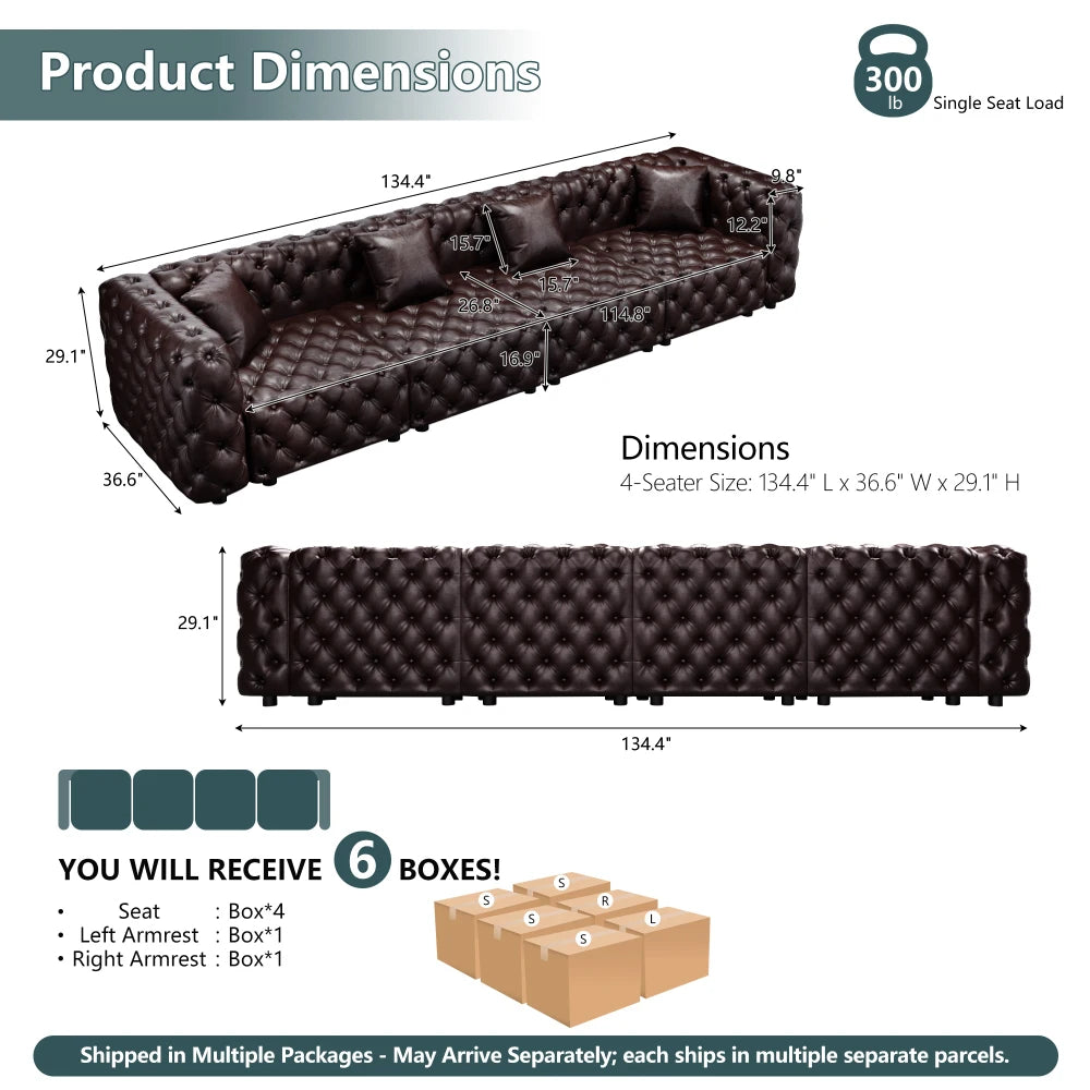 Orraves 134.4" Modern Sofa Set, Faux Leather Upholstered Modular 4-Seater Sectional Couch with Pure Handmade Button Tufted Design, 4 Pillows, Multi Combination for Living Room,Dark Brown