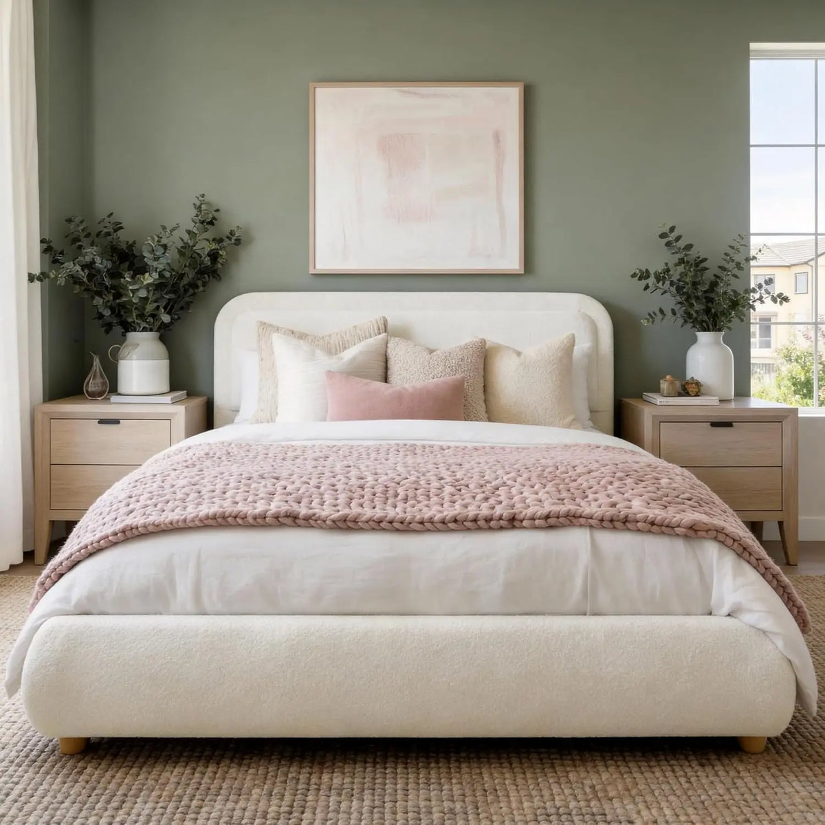 Full Size Upholstered Bed Frame Boucle Rounded Headboard Solid Wood Legs Boho Easy Assembly No Box Spring Needed, Customized