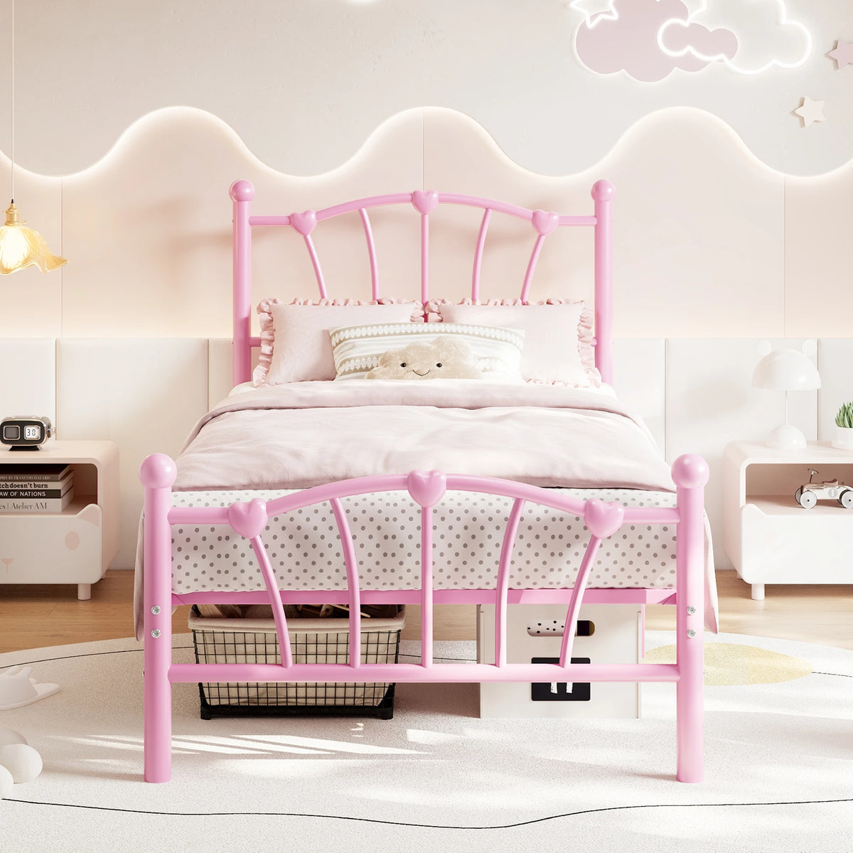 Twin Metal Platform Bed with Heart-Shaped Headboard and Footboard - Sturdy Slats - Silent - with Under-Bed Space, Without a Box Spring - White
