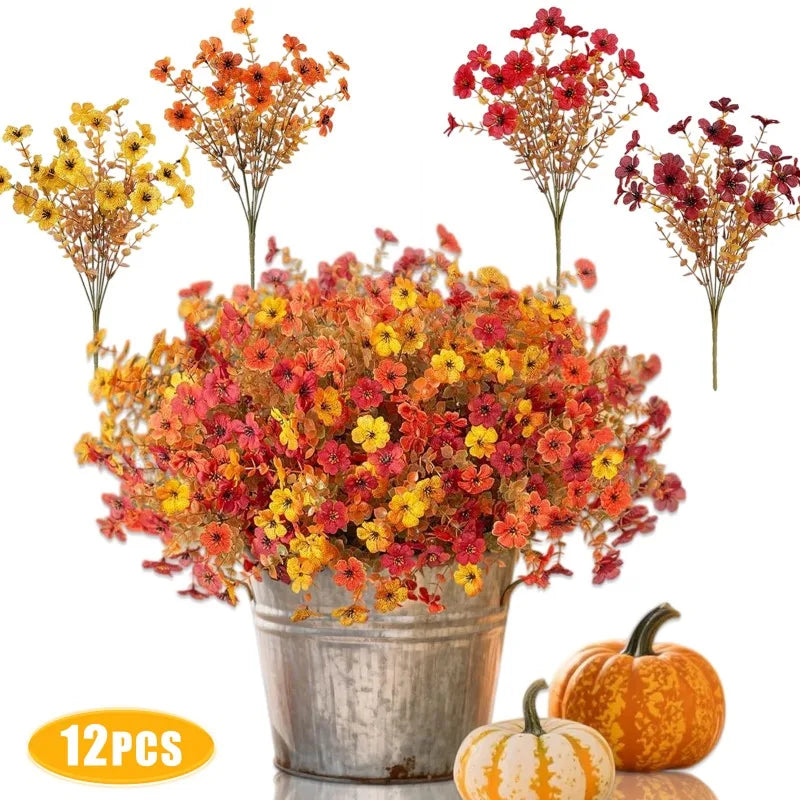 Artificial Fall Flowers, Fake Autumn Floral Stems Orange Yellow Silk Flower Bouquet, Thanksgiving Harvest Decorations for Home Table Vase, Wedding Party Decoration Flowers