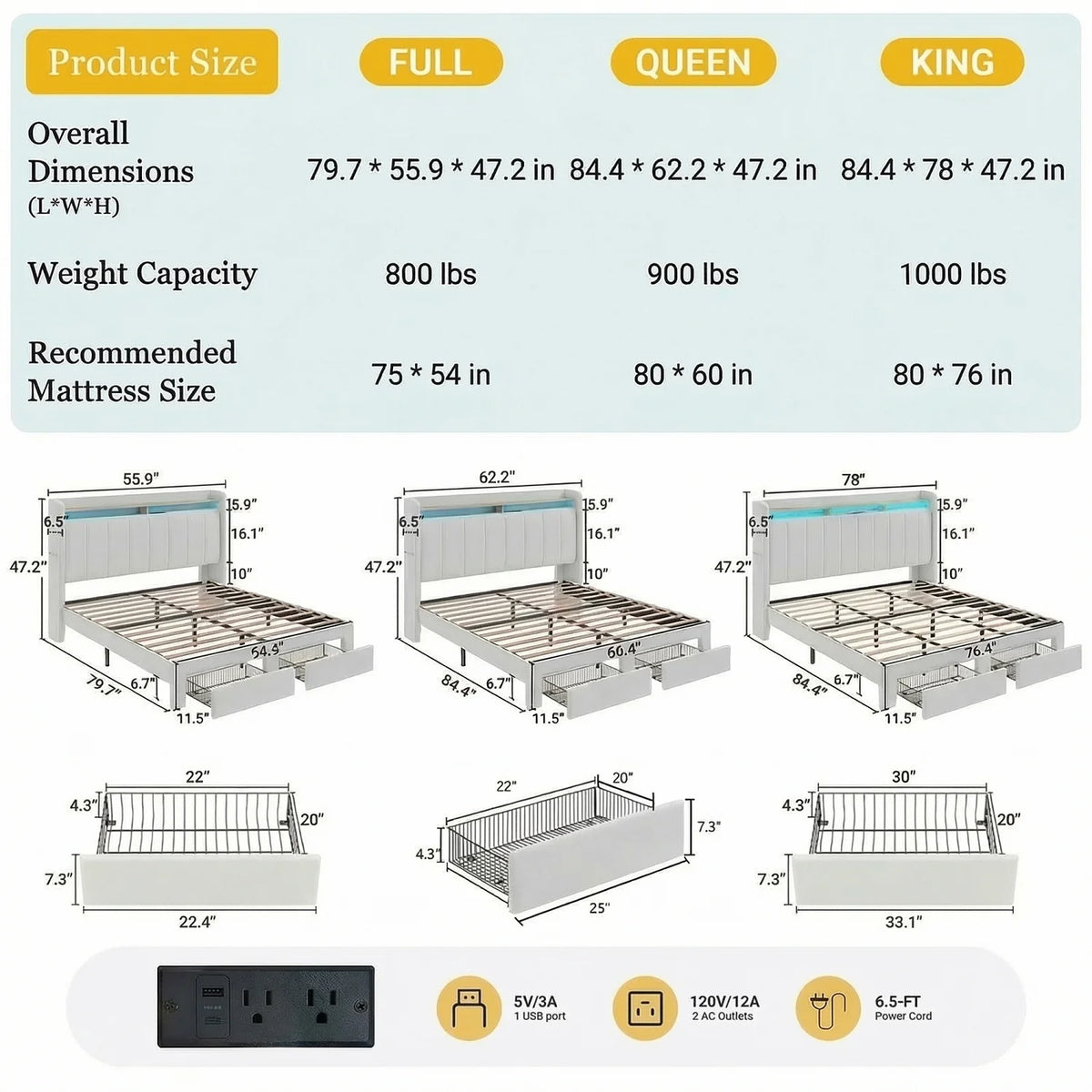 HOOMIC Bed Frame, 2 Storage Drawers/2-Tier Shelves with LED Lights & Charging Station, No Box Spring Needed, Full/Queen/King