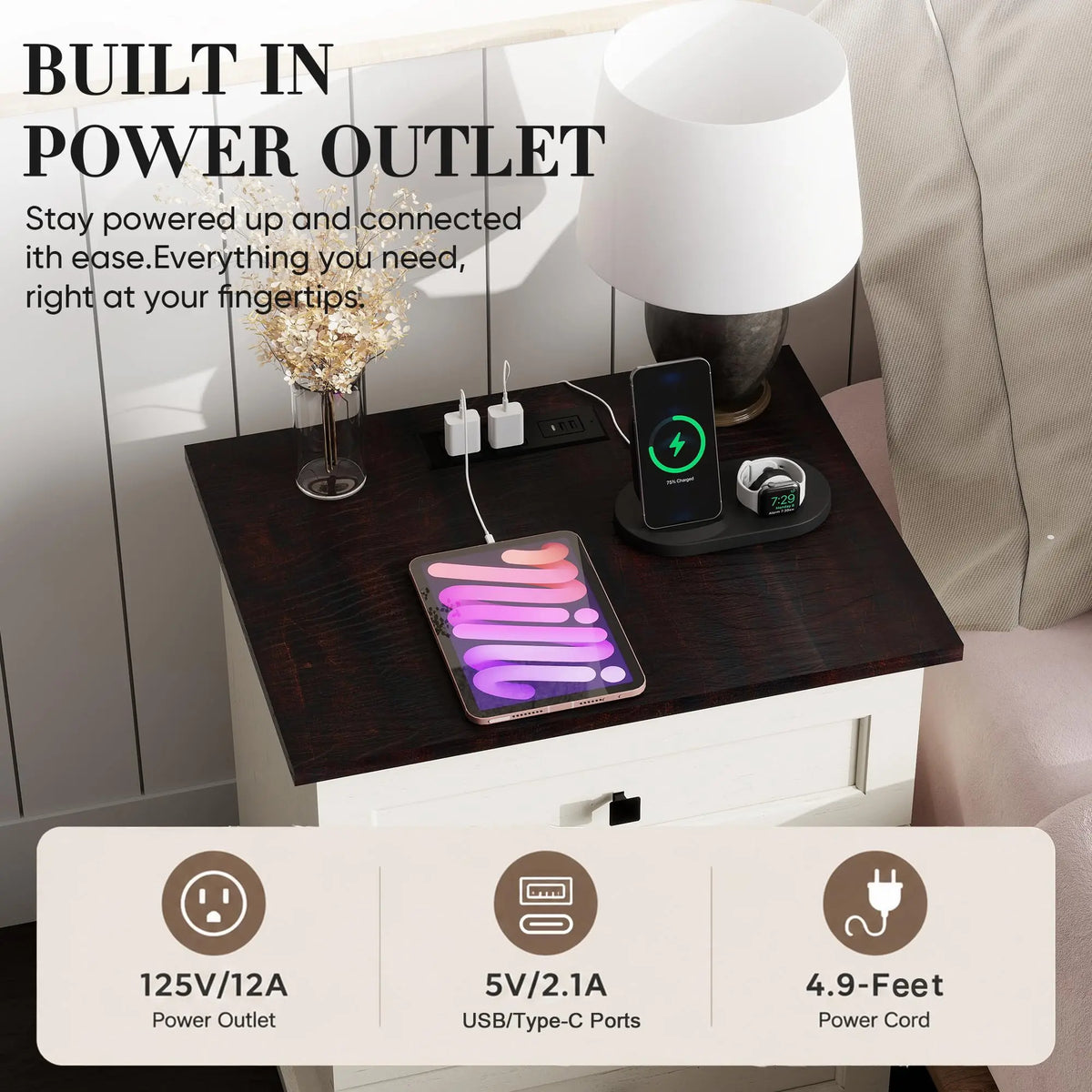 White Nightstand Farmhouse Night Stand with Charging Station,20'' Narrow Nightstand Side Table Wood End Table with 3 Drawers for Bedroom,Bedside Table with Power Outlet, USB, Type-C Ports