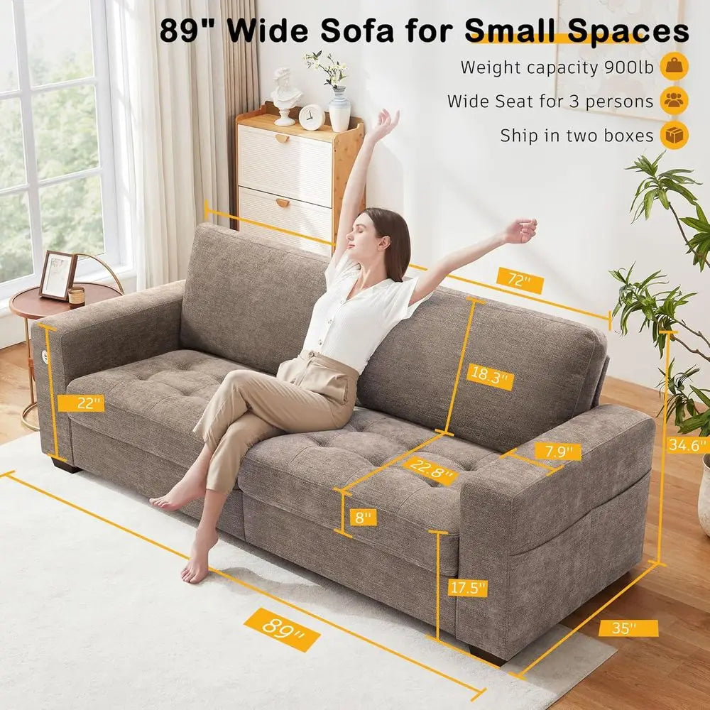 Sofa or Living Room, Comfy Sofa with Medium Firm Seat Cushion, Removable Cover, Wide Armrest ,USB/Type-C Port ,Chenille Fabric Couch