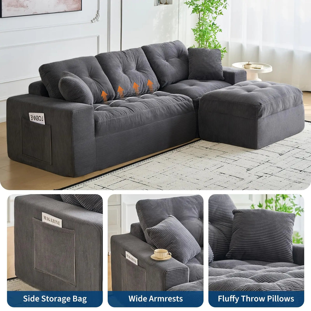 104" Modular Cloud Couch Sectional Sofa With Ottoman, Boneless L Shaped Corduroy Couch, Deep Seat, No Assembly