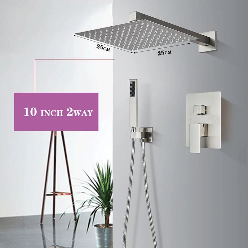 Brushed Nickel Concealed Shower Faucet Set Embedded Cartridge Faucet Rainfall Shower Head Rotate/Waterfall Bath Spout Mixer Tap