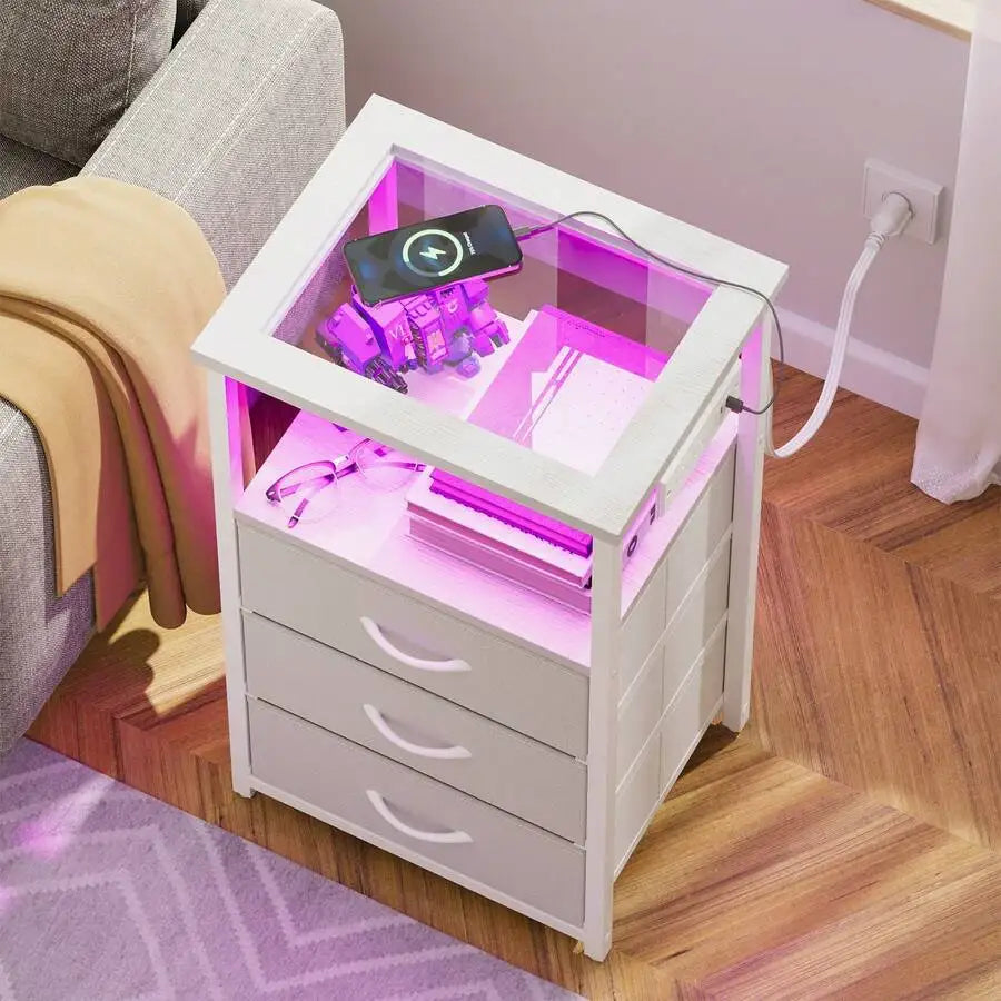 Tomnk Bedside Table With Charging Station, LED Nightstand With USB Ports And Outlets, 3 Fabric Storage Drawers With PU Finish, Bed Side Table For Bedroom, Living Room, White/Black