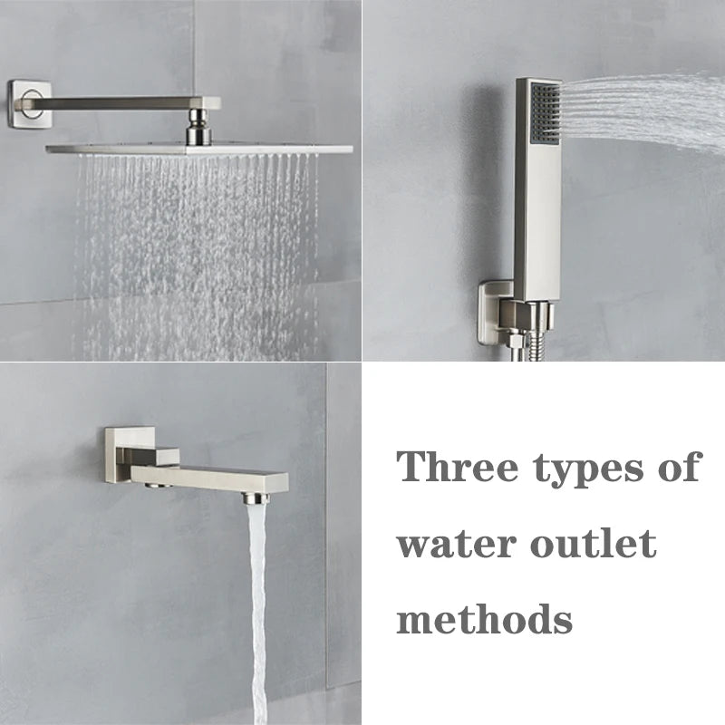 Brushed Nickel Concealed Shower Faucet Set Embedded Cartridge Faucet Rainfall Shower Head Rotate/Waterfall Bath Spout Mixer Tap