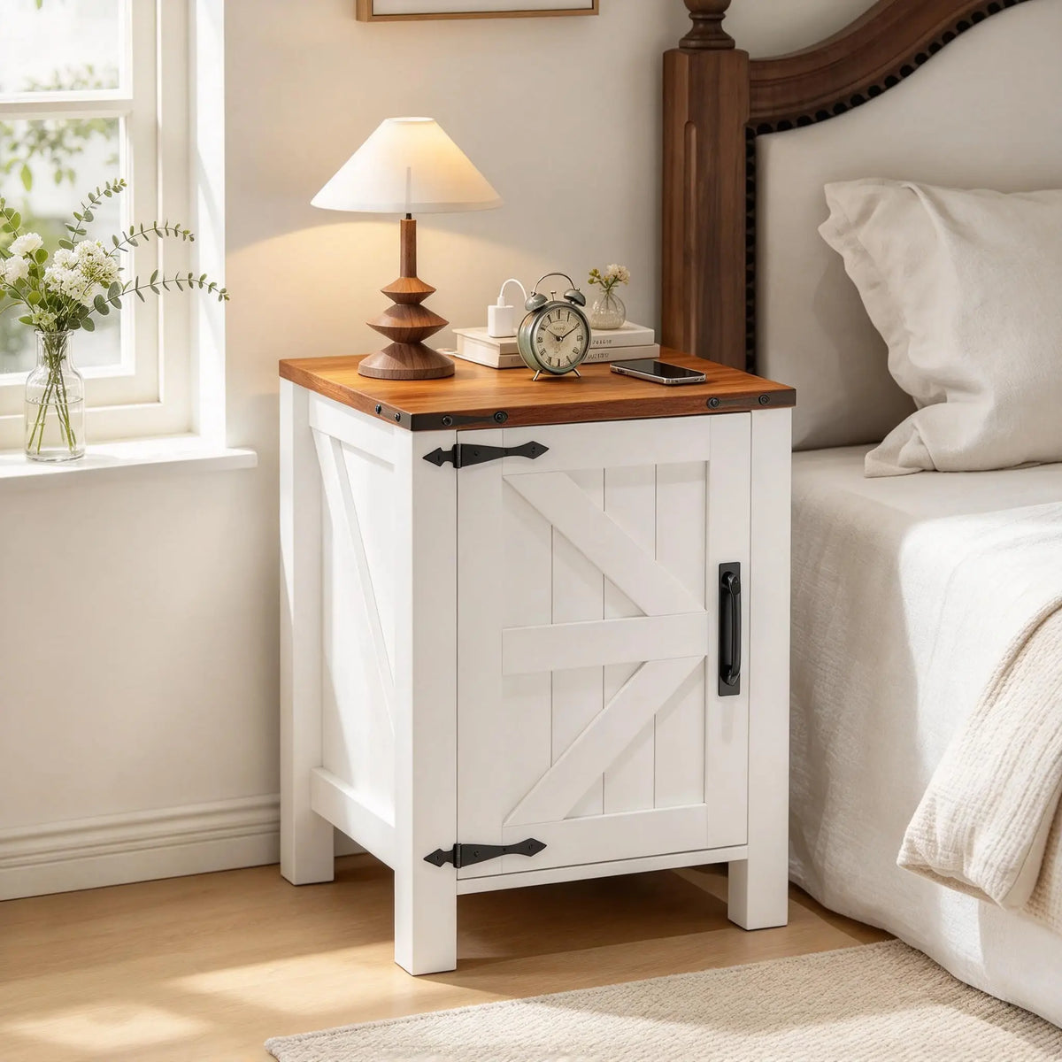 18" Farmhouse Nightstand with Charging Station for Bedroom, Living Rooms