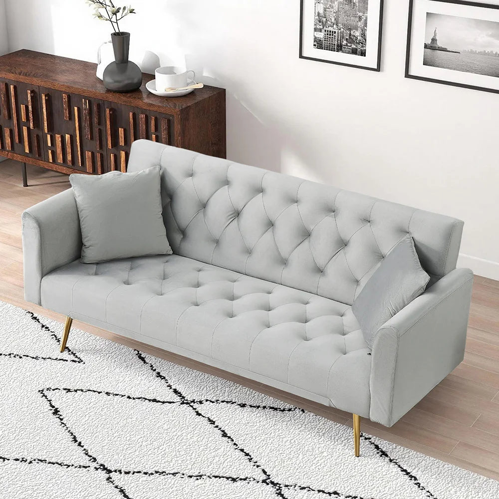Velvet Convertible Futon Sofa Bed 71" 3-Seater Tufted Sleeper Couch with Gold Metal Legs 3 Position Adjustable Backrest Folding Reclining Sofa with 2 Throw Pillows for Living Room Apartment Small Spaces