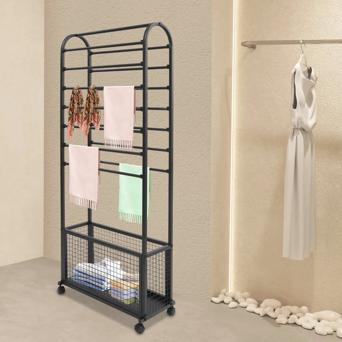 Rolling Ribbon Holder Organizer Rack 15 Rods Iron Ribbon Holder with Storage Basket for Wrapping Paper Ribbons Scarves Clothes 70*30*165cm