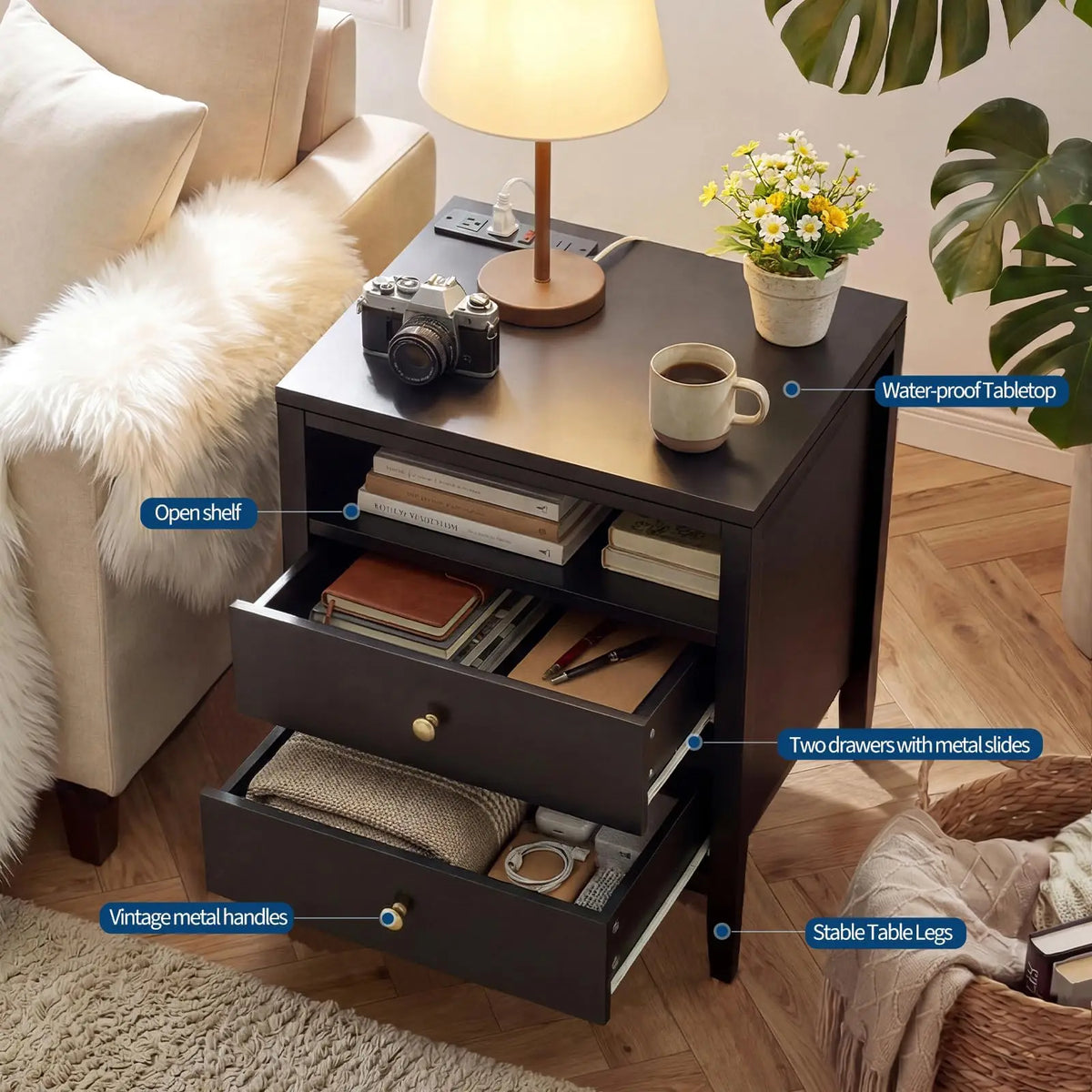 Farmhouse Nightstand Set Of 2 With Charging Station
