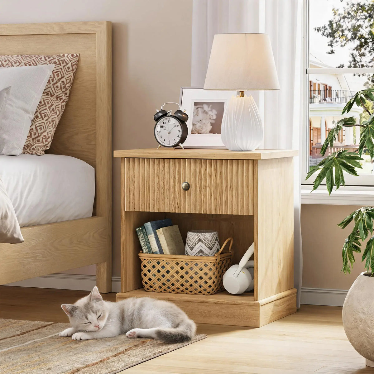 Mid-Century Modern Fluted Bedside Table | Single Drawer & Open Shelf – Natural Oak Finish MDF Bedside Table for Bedroom or Living Room