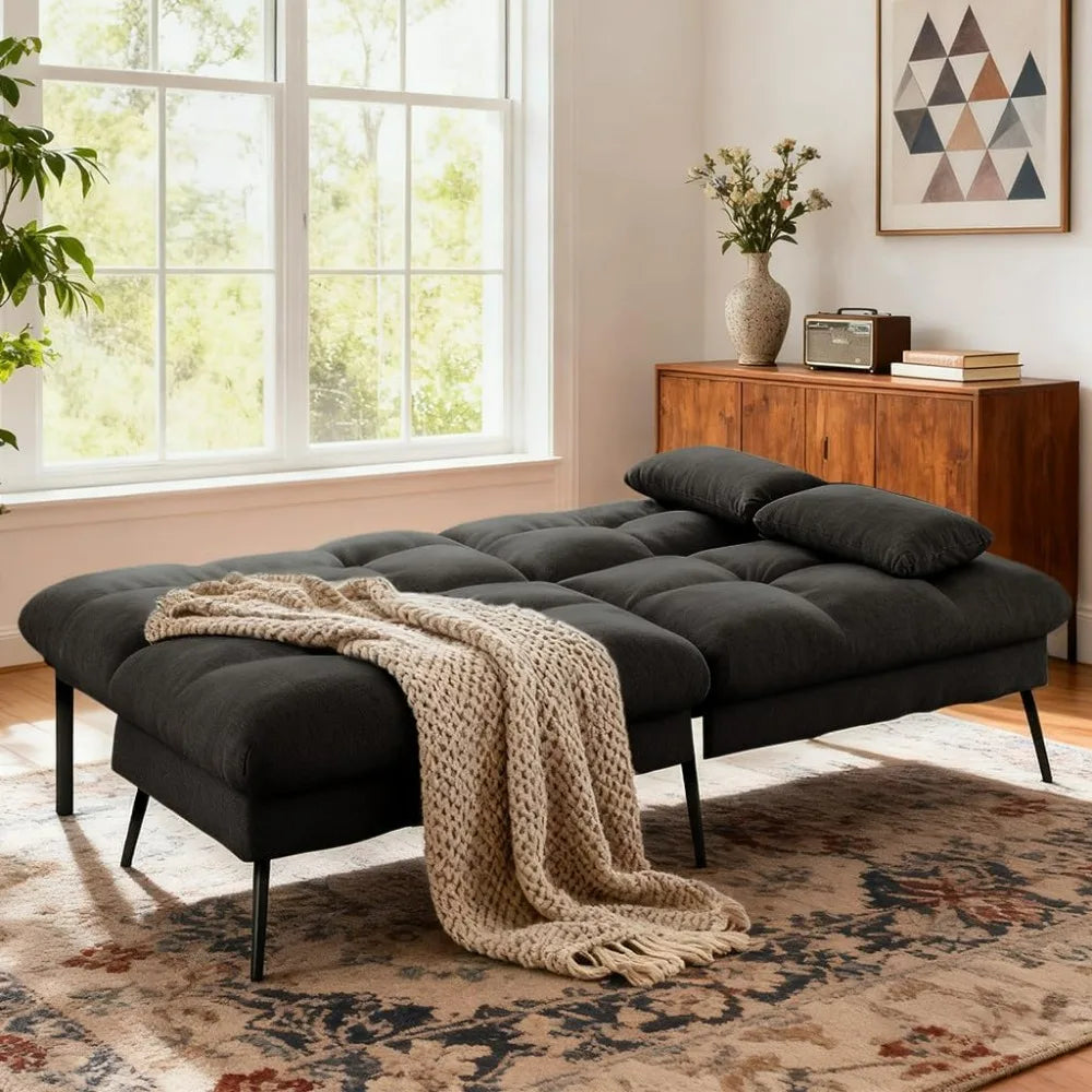 72 Inch Futon Sofa Bed - Fabric Convertible Couch Adjustable Backrest Folding Sleeper Recliner for Living Room Black