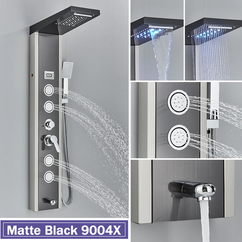 Black Shower Column LED Rainfall Bathroom Faucet with Massage Jet Bath Panel System  5 Modes Waterfall Hot Cold Mixer Tap
