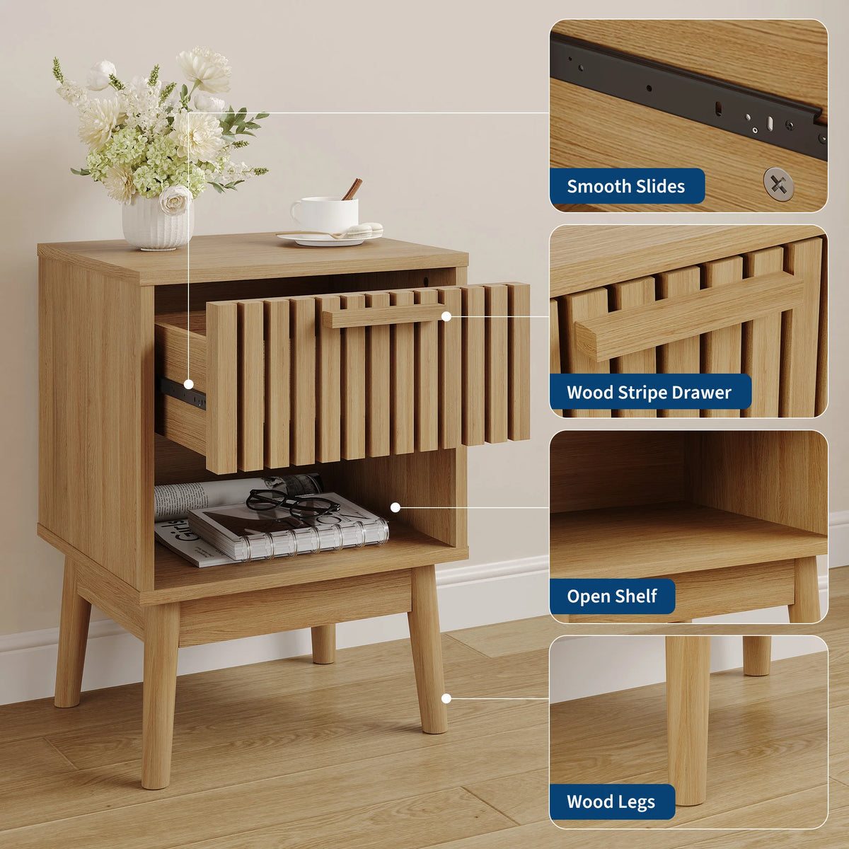 Nightstand, Small Side Table with Drawer and Open Shelf, Bedside End Table with Wood Strip Decorated Drawer for Bedroom, Dorm, Living Room and Small Spaces