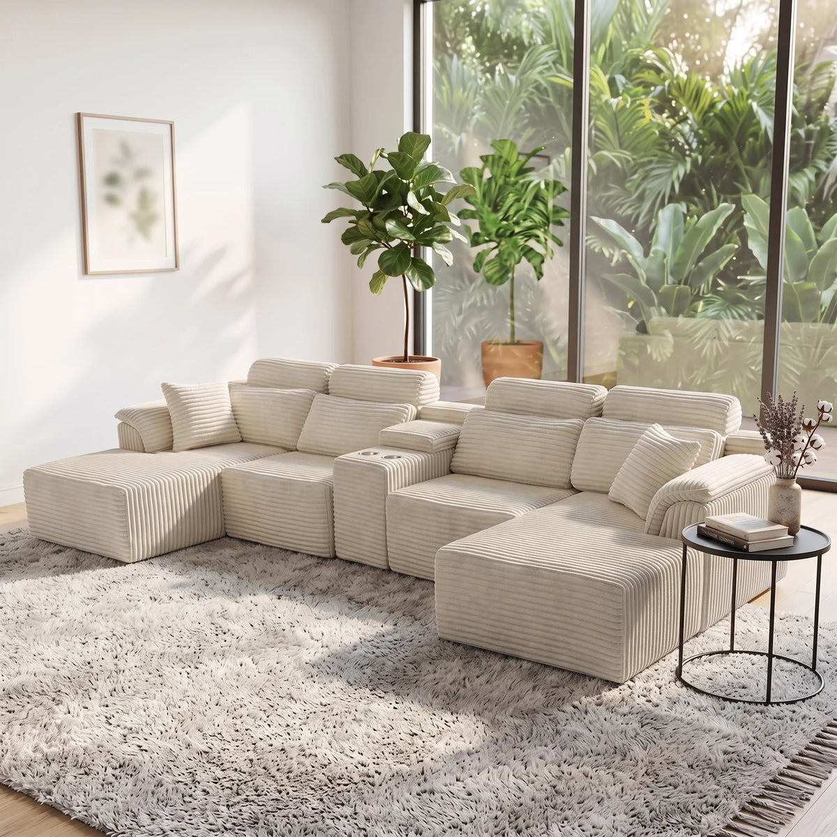 Modern Modular U-Shaped Sectional Sofa, Compressed Corduroy Couch with Storage Console & Cup Holders, Fluffy Deep Seating Living Room Furniture, Easy to Transport