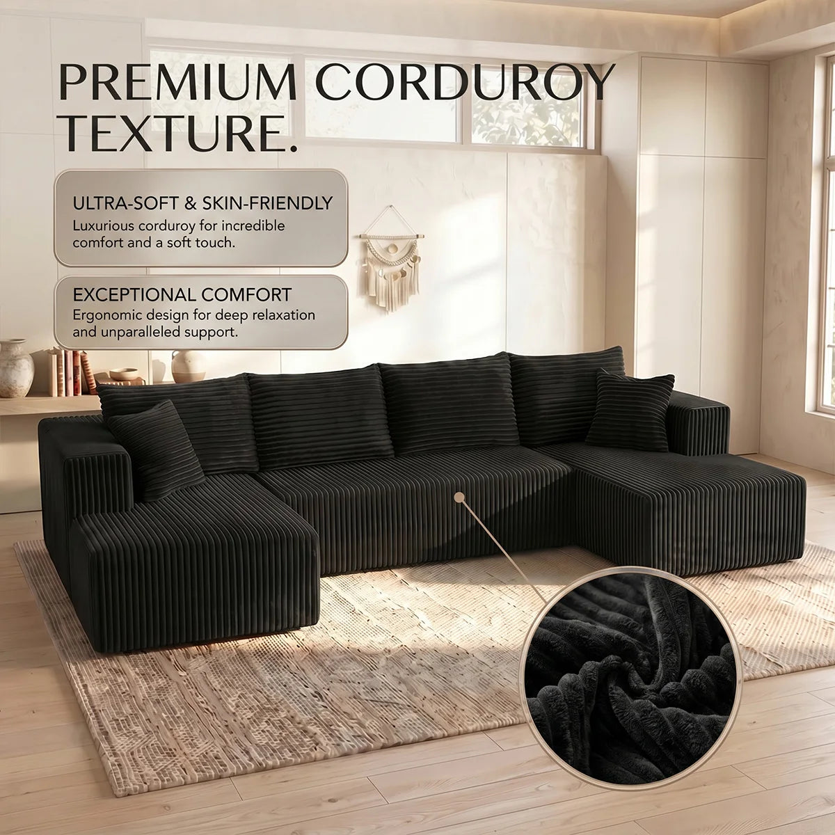 Black Striped Corduroy L Shape Sectional Sofa Double Reversible Chaise Modular Oversized Cloud Couch No Assembly Compressed Packaging Cozy Living Room Home Furniture