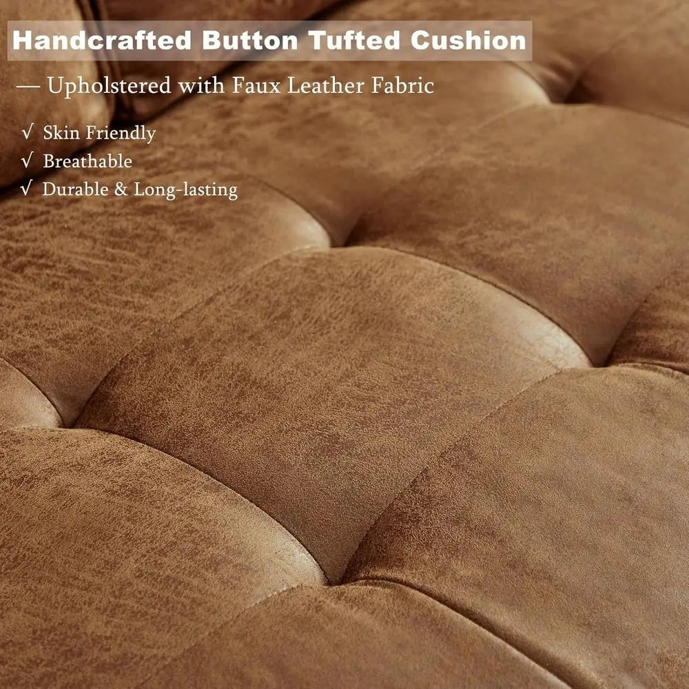 58" Loveseat Sofa Couch, Faux Leather Couch with Hand-Sewn Deep Love Seat & 2 Pillows, Home Sofa Living Room Small Couch