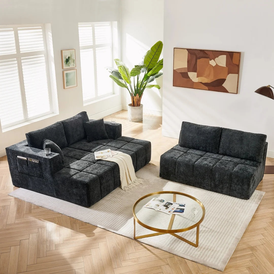 132" U-Shaped Chenille Sectional Sofa, Cloud Couch Sleeper Bed with Dual Lounges, Modern Living Room Furniture with Cup Holders, No Assembly, Black
